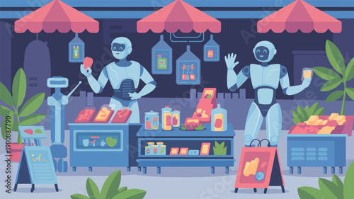 Two light blue robots, food, and goods at a street market stall with pink striped awnings, and androids
