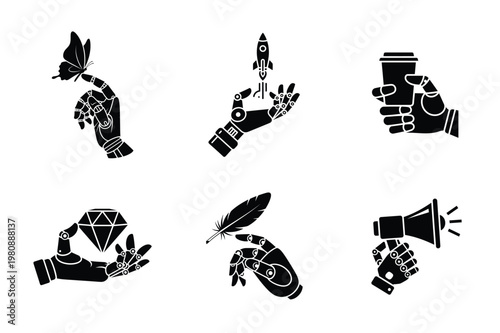 Future Technology Hand Gestures AI, Connectivity, and Digital Interface Icons.