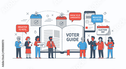 Voter guide illustration with diverse people and checklist