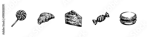 Sweet Dessert Treats and Bakery Pastries with Inky Hand-Drawn Brush Strokes and Fluid Organic Lines