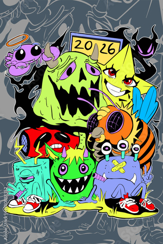 colorful and cute Animal and Monster Doodle Illustration Sketch Style