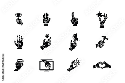 Industrial Robotic Prosthetic Hands and Tools Automation Icon Collection.