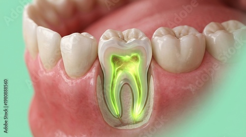 Tooth infection is depicted as a glowing green digital core within a molar to represent root canal damage or dental decay in an educational model for patients and aspiring dental professionals.
