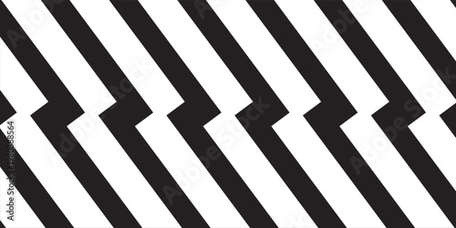 Black and white zigzag lines wallpaper. Thunderbolt background. Electric power, flash light, jagged stripes banner. Superhero, boom, speed or shock anime cartoon print. Vector graphic illustration.