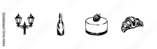 French Culture and Paris Travel Elements with Hand-Drawn Inky Brush Strokes and Organic Calligraphic Lines