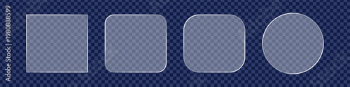 Transparent glass shapes with shiny silver borders provide modern placeholders on a dark grid pattern