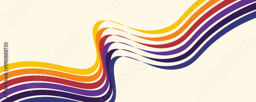 Abstract colorful 70s background vector. Vintage retro wallpaper with rainbow stripes and wavy lines. A 1970 color illustration suitable for posters, banners, decorative items and wall art.