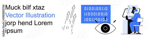 Data protection, cybersecurity, analytics, vision, programming, technology. Binary code, arrows eye and person at computer. Data protection and cybersecurity concept