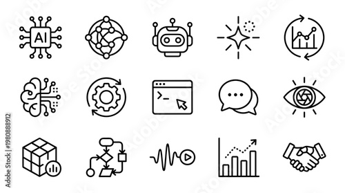 AI Technology and Data Analytics Line Icons Animation for Digital Innovation Concepts