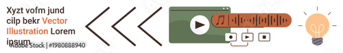 Digital media, content sharing, creativity, innovation, online communication, multimedia platforms. Play button, arrows audio wave lightbulb icons. Digital media and content sharing concept
