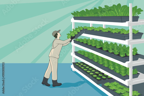 Checking Plant Growth in Vertical Farm Scene Vect
