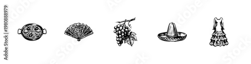 Spanish Culture and Mediterranean Cuisine Elements with Hand-Drawn Sketchy Style and Fluid Engraving Style