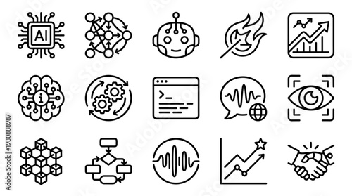 AI Technology and Data Analytics Line Icons Animation for Digital Innovation Concepts