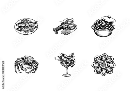 Seafood Dishes and Fresh Shellfish Platters with Inky Doodle and Hand-Drawn Sketchy Aesthetic