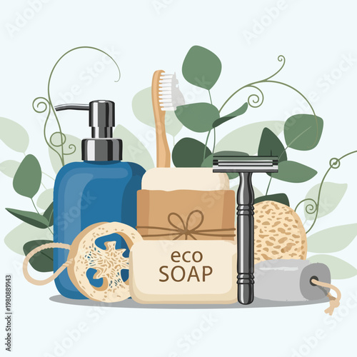 Natural Eco Friendly Personal Care Products Arrangement with Green Plant Elements