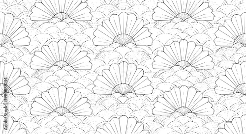 Seigaiha wave seamless pattern with feather fan motifs vector coloring page decorative Japanese design