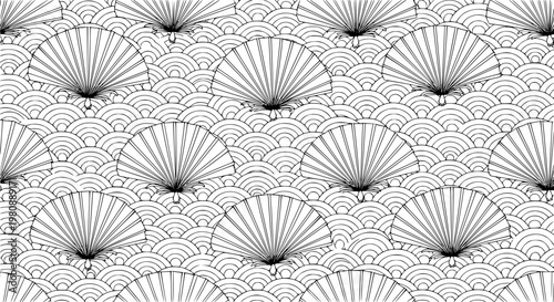Japanese Seigaiha seamless wave pattern with decorative feather fans vector coloring design