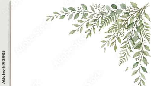 Watercolor botanical greenery corner frame, elegant hand painted eucalyptus and fern leaf border, natural foliage background vector for wedding invitations and greeting cards