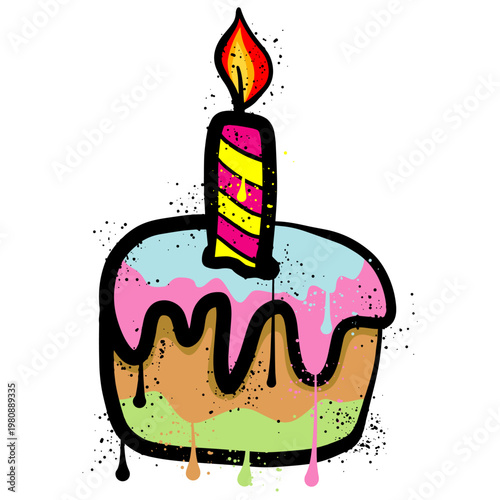 Birthday cake and candles with spray paint graffiti.