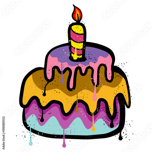 Birthday cake and candles with colorful spray paint graffiti