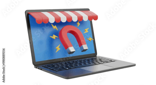 Vector illustration of 3d laptop with a store awning and a magnet attracting customers on a transparent background