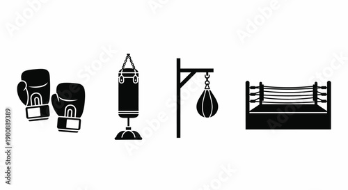 Boxing Gloves Punching Bag Speed Bag Ring Fight Sport Silhouette Vector Icons
