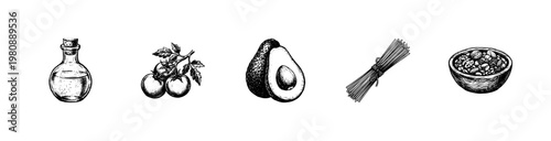 Organic Food Ingredients and Kitchen Cooking Elements with Fluid Engraving Style and Hand-Drawn Sketchy Style