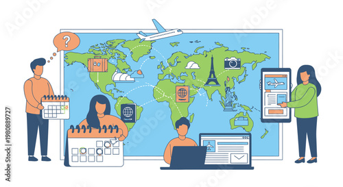 Global teamwork and travel planning concept
