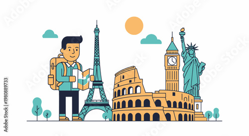 Traveler in front of famous landmarks iconic tourist destinations