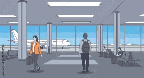 People waiting in airport terminal with airplane in background