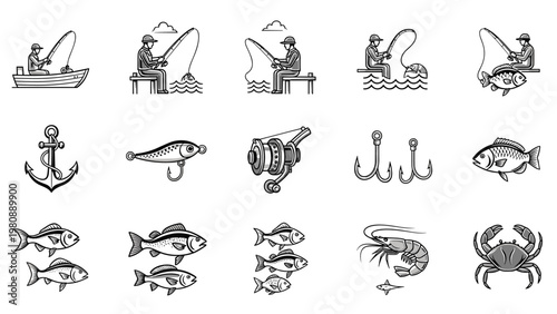 Selection of fishing themed icons and illustrations featuring fishermen, boats, various sea creatures, tackle, and essential fishing gear.