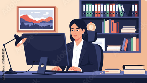 Professional woman working diligently on her computer in a well organized home office featuring a desk lamp and bookshelves in the background.