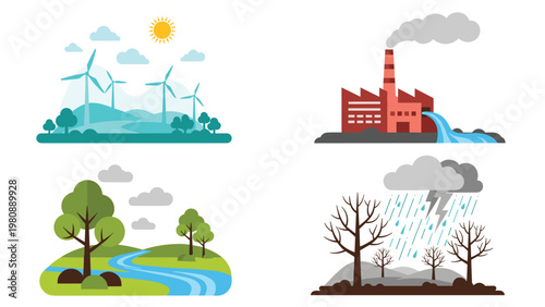 Environmental comparison illustration showing wind energy, industrial pollution, a lush landscape, and the effects of a severe drought.