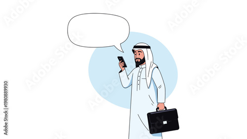 Middle eastern businessman in traditional attire carrying a briefcase and checking his smartphone while walking on a clean white background.