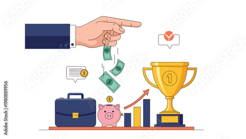 Financial investment illustration showing a hand dropping money into a piggy bank next to a success trophy and a rising business chart.
