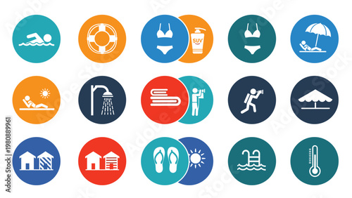 Collection of colorful circular icons representing various summer vacation and beach activities like swimming, sunbathing, and snorkeling.