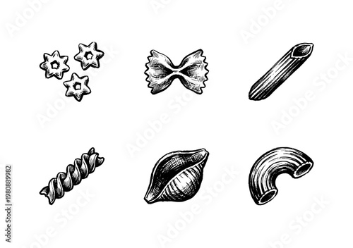 Italian Pasta Varieties and Traditional Flour Products in Hand-Drawn Inky Brushstroke Style