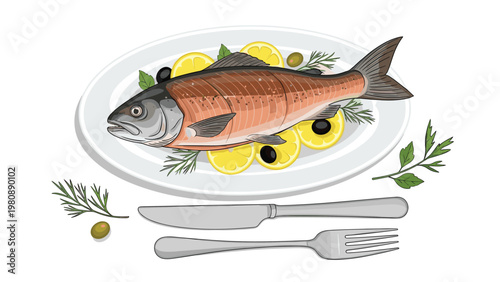 Deliciously prepared whole cooked fish served on a white platter garnished with fresh lemon slices, olives, and green herbs.