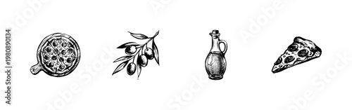 Italian Cuisine and Mediterranean Cooking Ingredients with Hand-Drawn Inky Doodle and Vintage Sketch Aesthetic