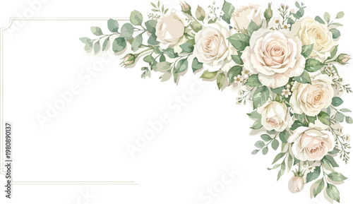 Vintage watercolor white roses floral frame, elegant cream flower corner border with green eucalyptus leaves, romantic botanical wedding invitation vector background