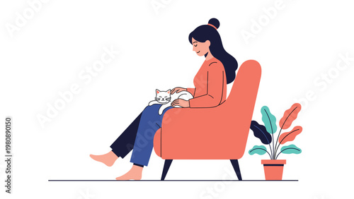Relaxed woman sitting comfortably in a cozy red armchair with a small white cat sleeping peacefully on her lap.