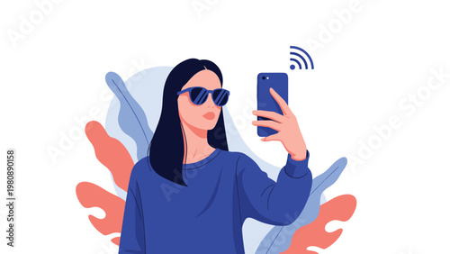 Stylish woman wearing dark sunglasses taking a selfie with a smartphone against a colorful, artistic floral background.