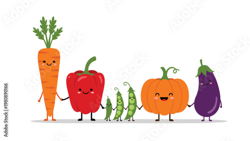 Adorable group of cartoon vegetables including carrot, pepper, peas, pumpkin, and eggplant holding hands in a line.