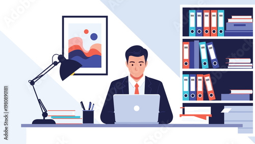 Focused businessman working on his laptop at a tidy office desk with a large bookshelf filled with colorful files.