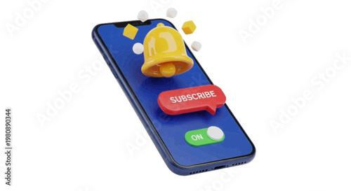 Vector illustration of 3d render of a smartphone with a notification bell, subscribe button and switch on a transparent background