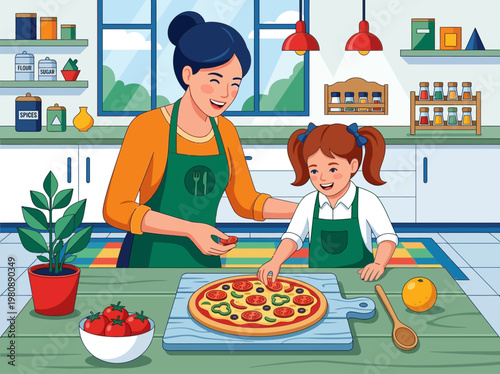 Mother and Daughter Cooking Pizza Together in a Bright Kitchen Illustration - Happy Family Bonding and Healthy Homemade Meal Concept