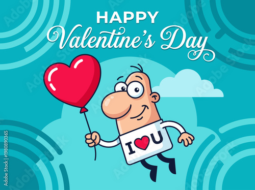 Happy Valentine's Day Cartoon Illustration with Funny Character Holding a Red Heart Balloon