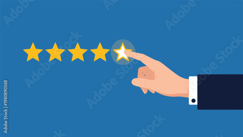 Hand with a finger pointing at a row of five stars, selecting the fifth bright gold star for a perfect rating score.
