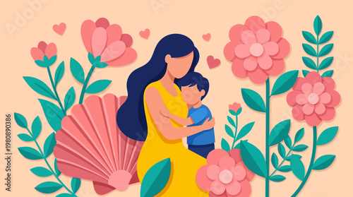 Mother and Son Hugging in Paper Cut Style Illustration with Flowers and Hearts; Happy Mother's Day Concept