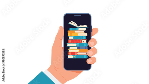 Hand holding a smartphone displaying a tall stack of colorful books on the screen representing digital education.
